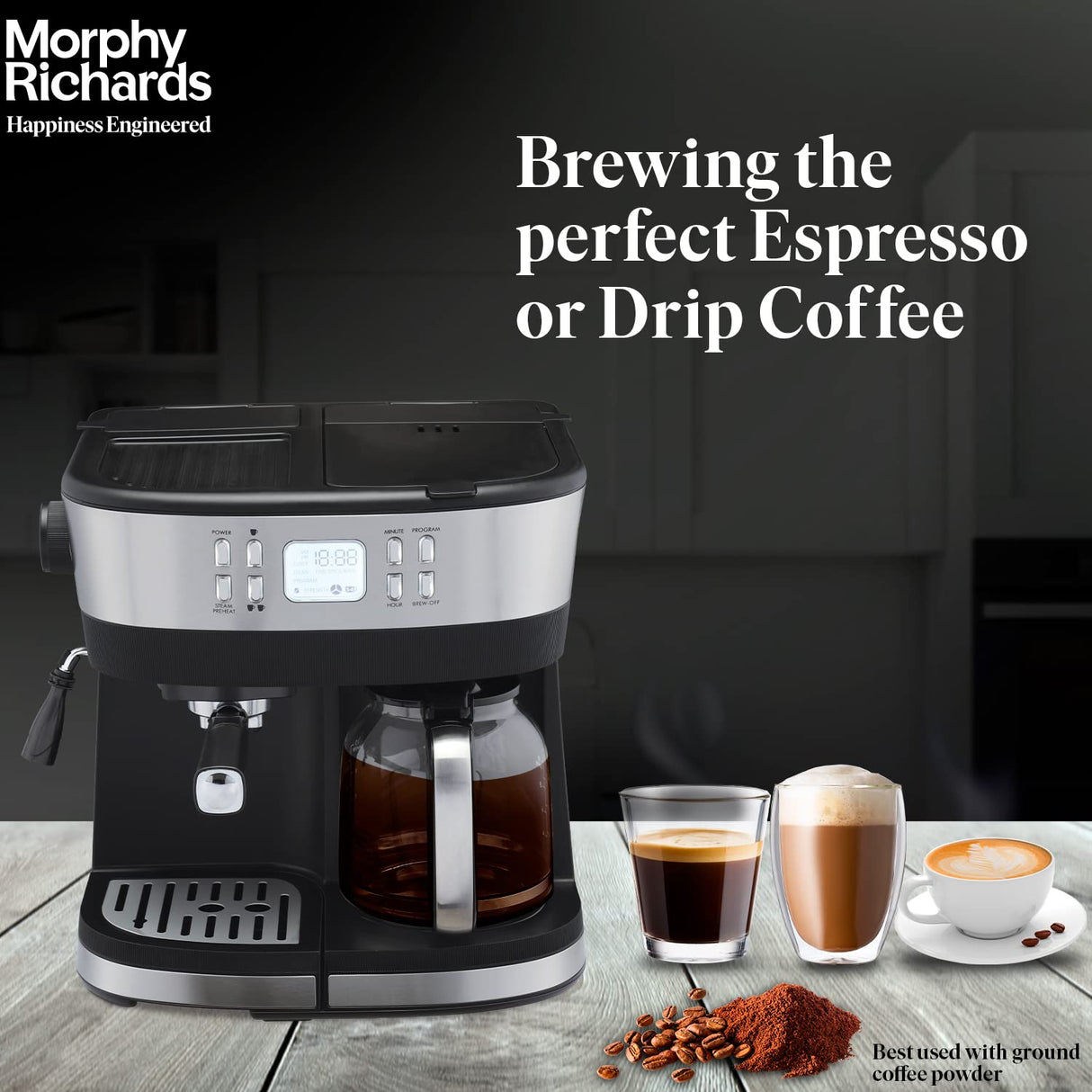 Morphy Richards DuoPresso 2-in-1 Coffee Maker|Drip & Espresso| 15 bar Pressure| Digital Display|Removable Drip Tray| Upto 10 cups* of Coffee| Keep Warm Tray