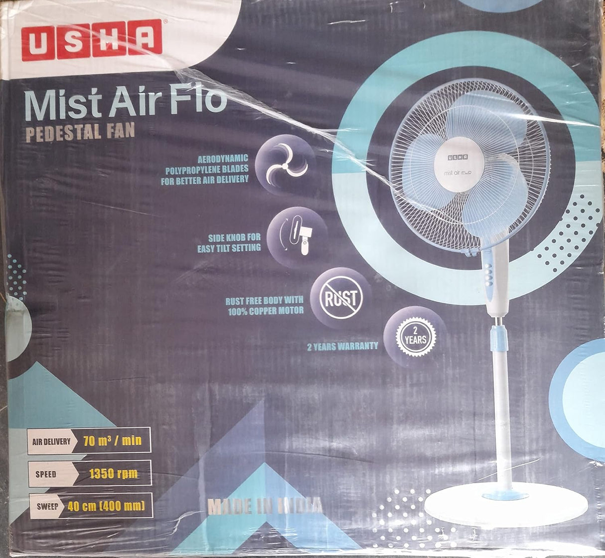 USHA Mist Air Flo 400mm Pedestal Fan (Light Blue), Standard