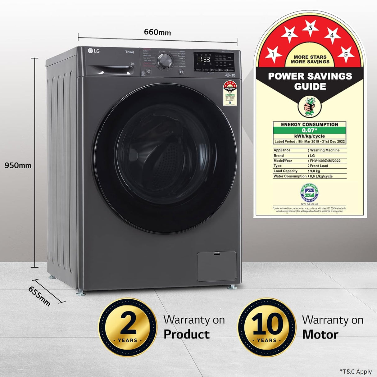 LG 9 kg Fully Automatic Front Load Washing Machine (Model: FHV1409Z4M, Black)