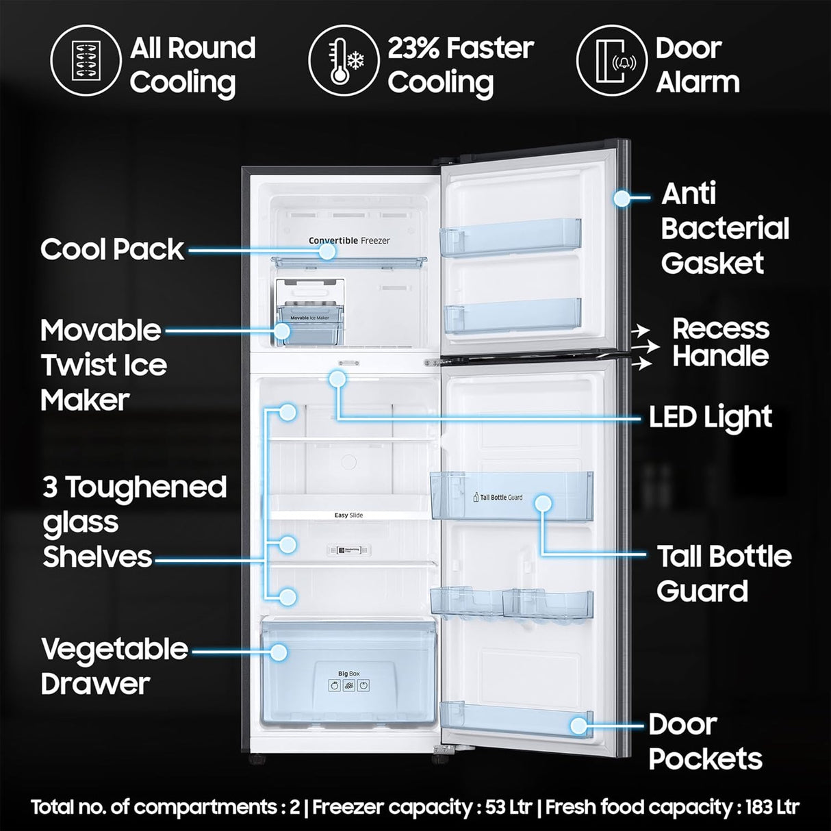 Samsung 236 L, 3 Star, Convertible, Digital Inverter with Display Frost Free Double Door Refrigerator (RT28C3733S8/HL, Silver, Elegant Inox, 2024 Model)