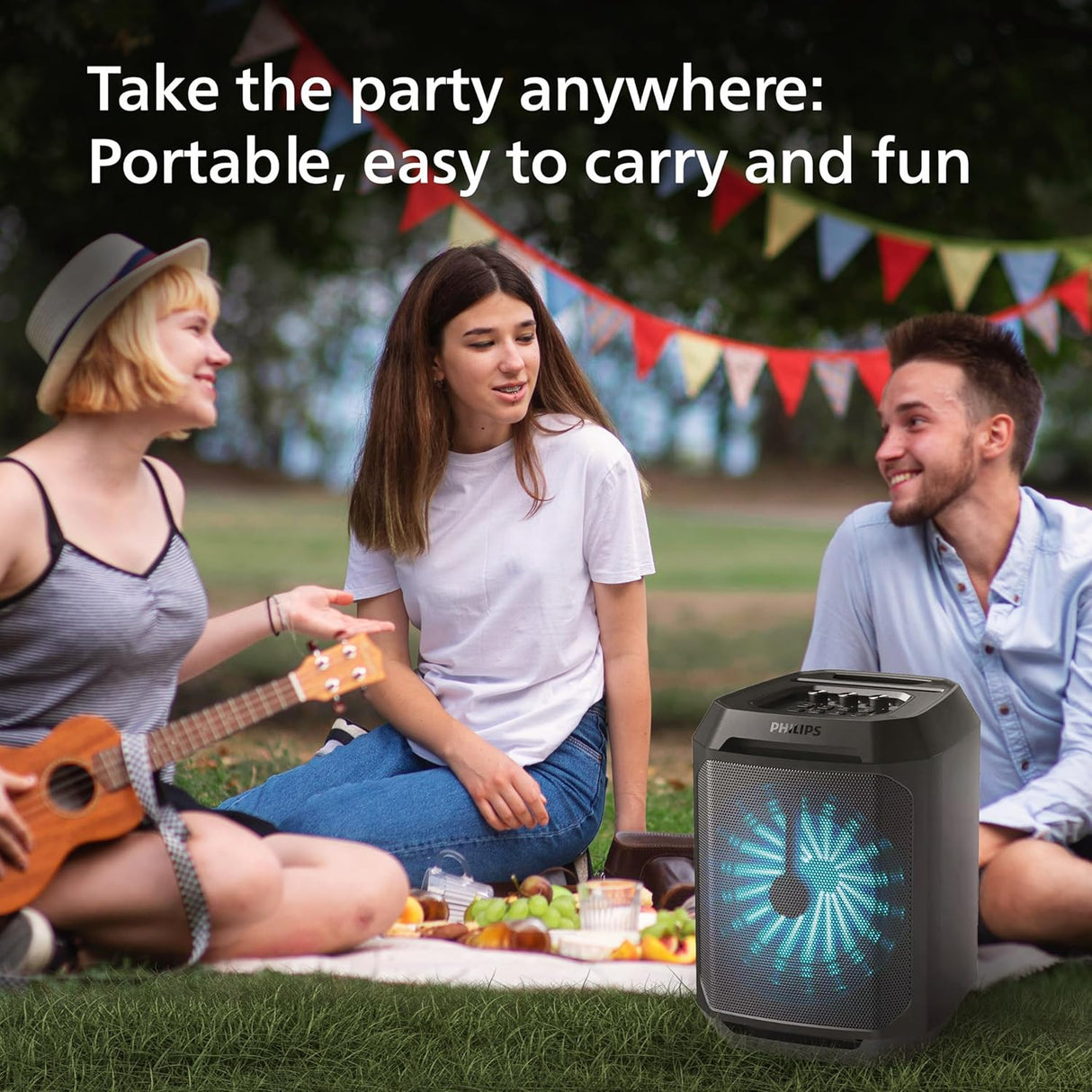 PHILIPS TAX2208 Bluetooth Party Speaker, Dynamic Bass Boost, Bluetooth and Aux-in, Karaoke Microphone Input, Wireless Pairing for Stereo Sound, Up to 7 Hours Battery, Built-in Carry Handle, USB-C